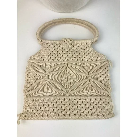 *Boho Small Macrame Purse Double Wood Handles Button Closure Lined - Picture 3 of 6